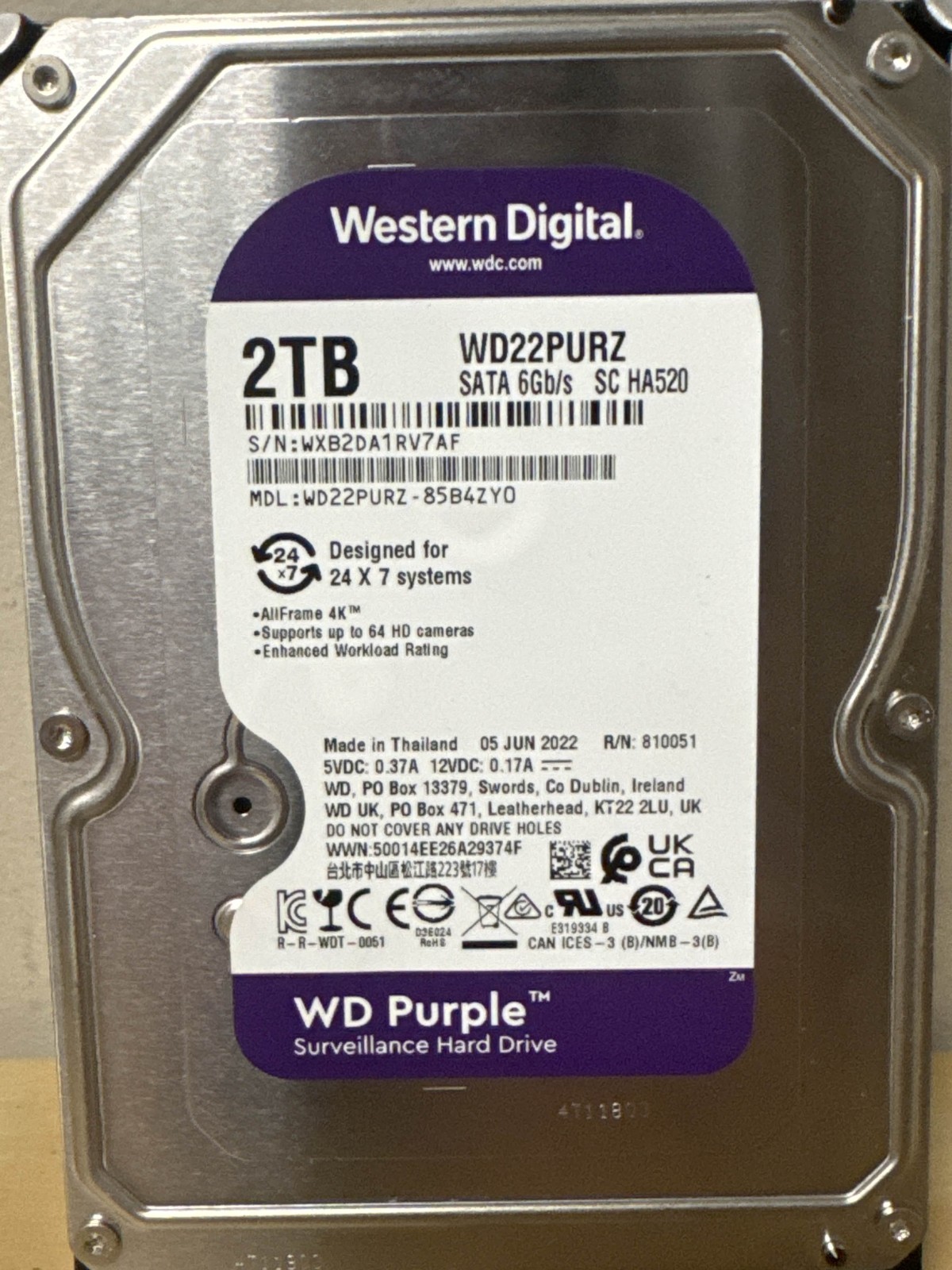 WESTERN DIGITAL 2TB WD20PURZ-85B4ZY0 HDD SATA SURVEILLANCE SCANNED