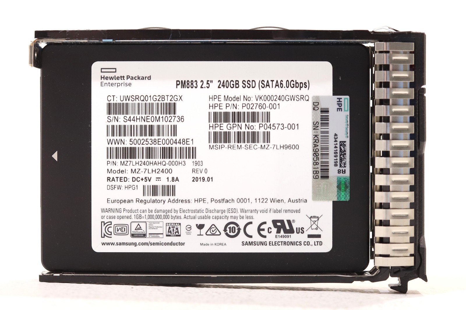 HPE VK000240GWSRQ PM883 240GB 2.5" 6Gb/s RI MLC SATA SSD W/Caddy P/N: P04573-001