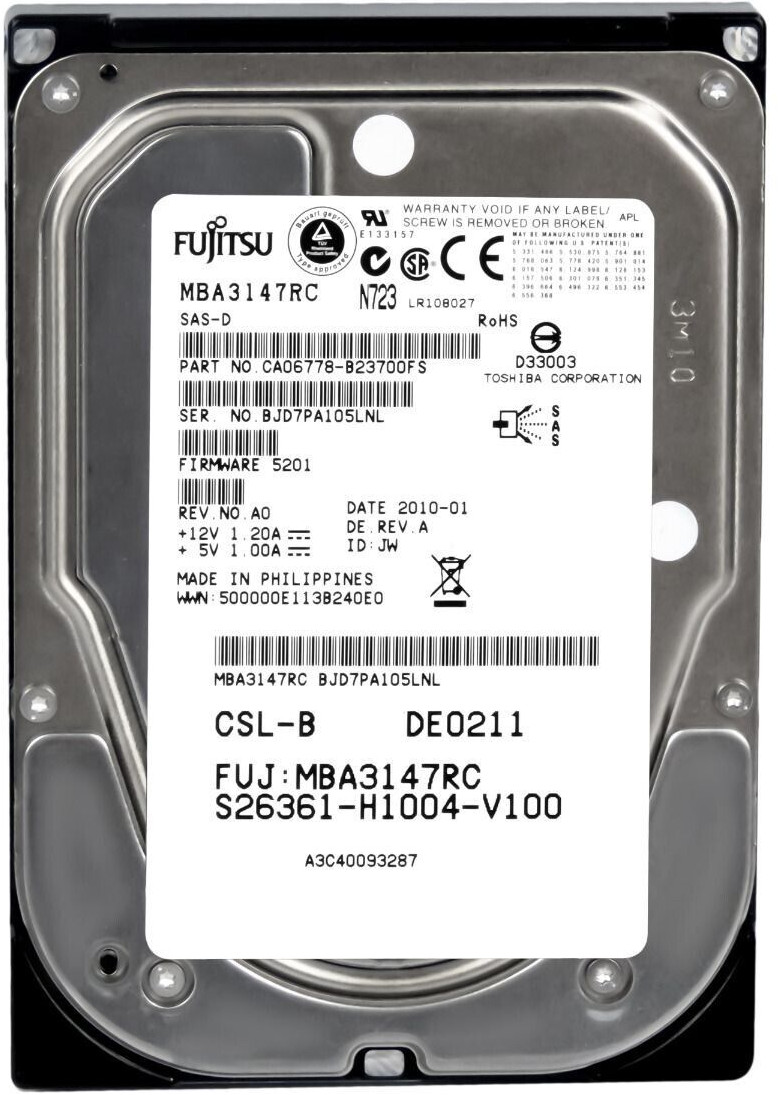 HARD DRIVE FUJITSU MBA3147RC S26361-H1004-V100 146GB 15000RPM SAS 3.5" inch