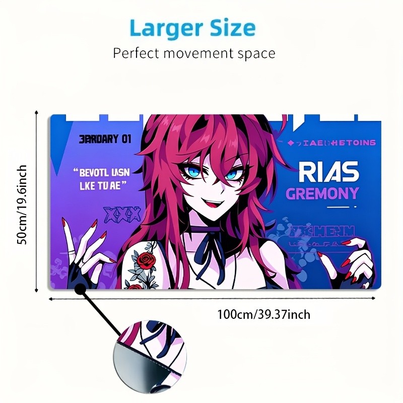 1pc Large Size Gaming Mouse Pad, Blue Purple Gradient Red Hair Rose Tattoo Coo