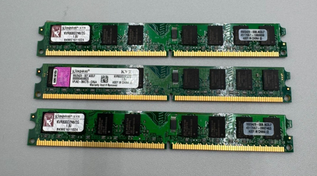 Lot Of 3 Kingston DDR2 2GB Each (2 x 2GB = 6GB) PC2 800MHz RAM Memory B/Green