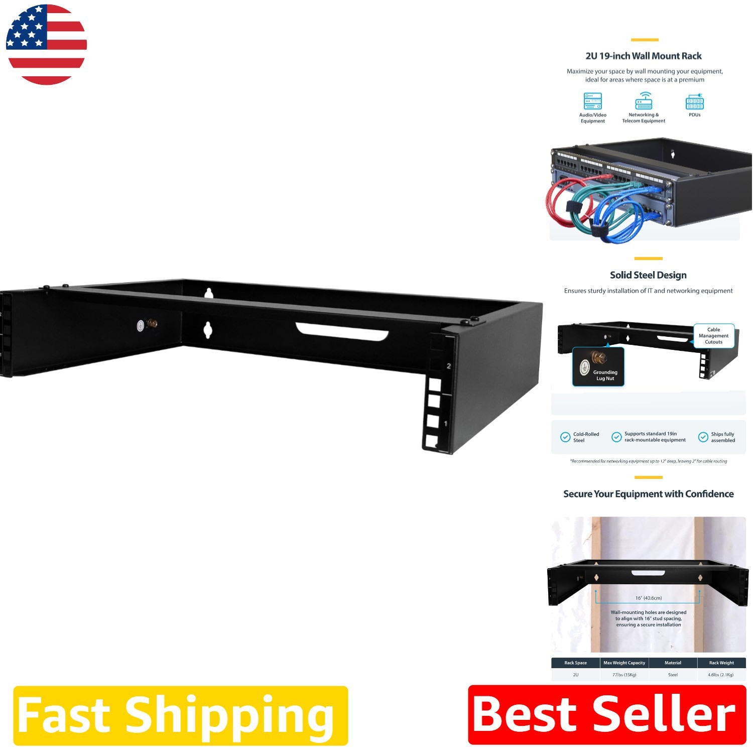 Heavy Duty 2U Wall Mount Network Rack 19in 14in Deep Steel Server Bracket 77lb