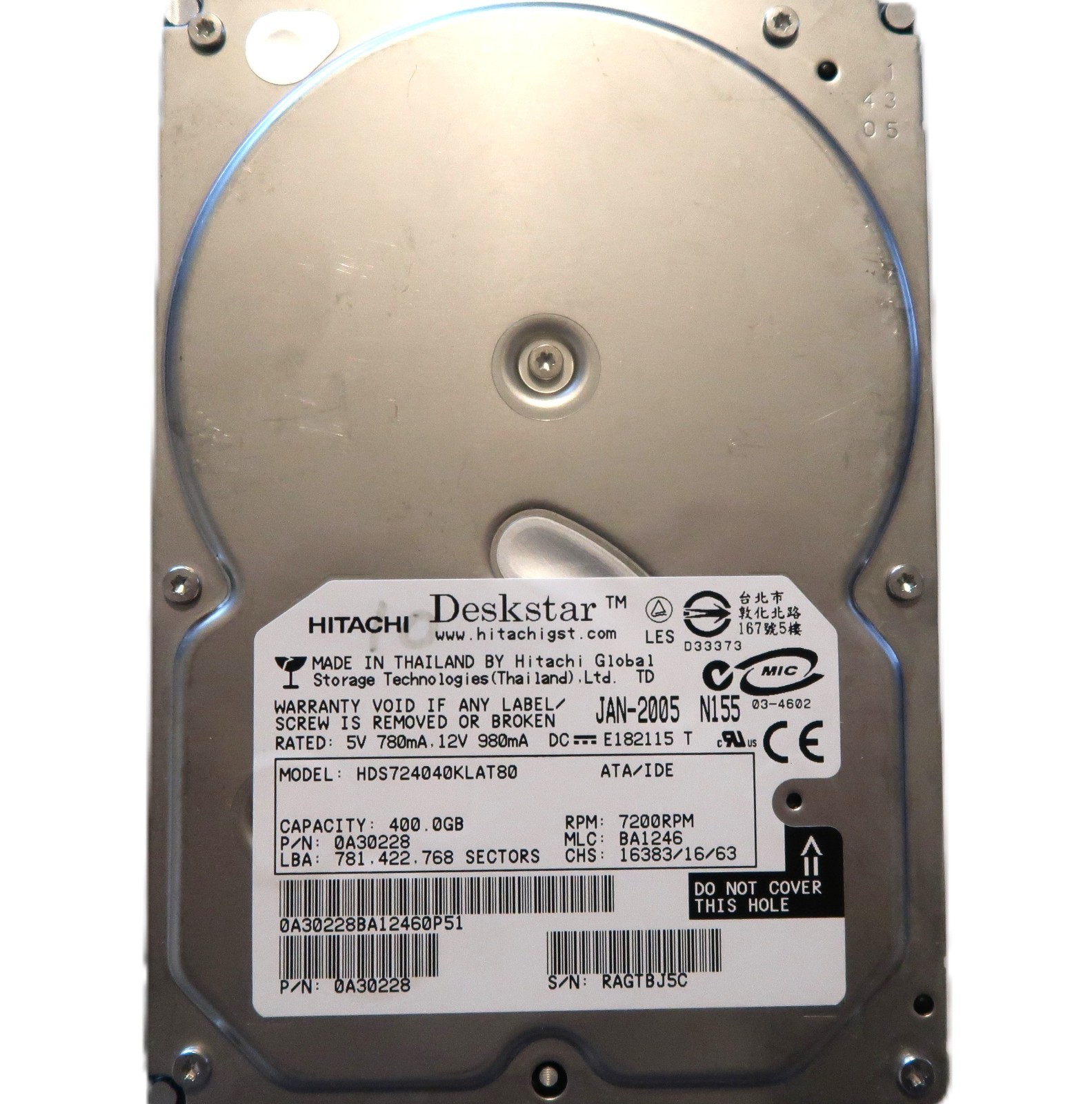 Hitachi HDS724040KLAT80 0A30228 BA1246 (RAG) 3.5" 400Ggb IDE HDD JAN-2005