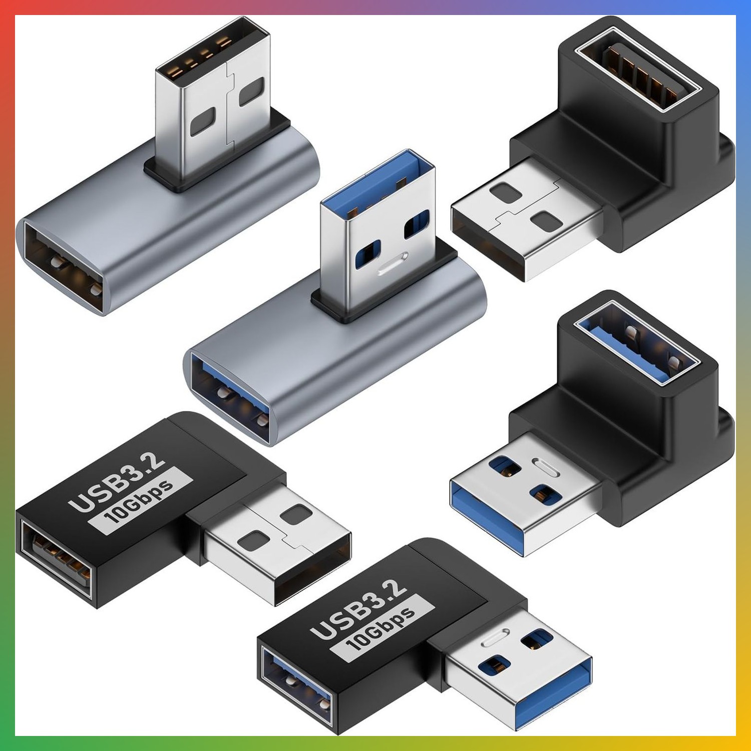 USB 3.1 Adapter 90 Degree 6 Pack 10Gbps Male Female Extension Connector 6 Types