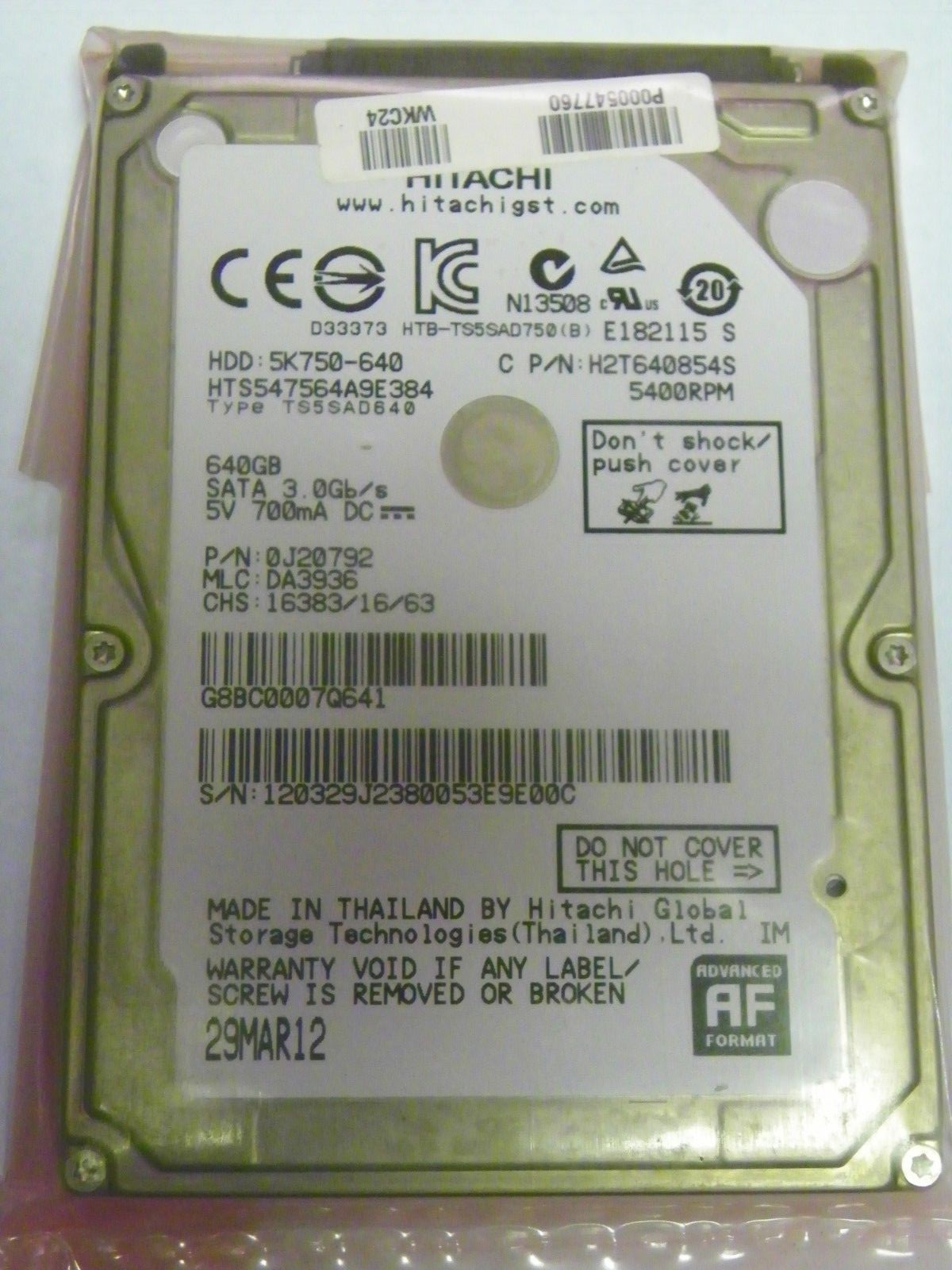 Hitachi HTS547564A9E384 P/N:0J20792 MLC:DA3936  G8BC0007Q641 640GB 2.5" SATA HDD