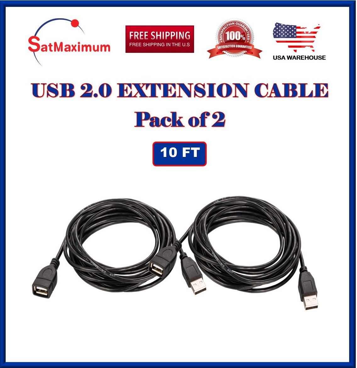 2-Pack – 10FT USB 2.0 Extension Cable A Male to A Female –High-Speed Cord Black