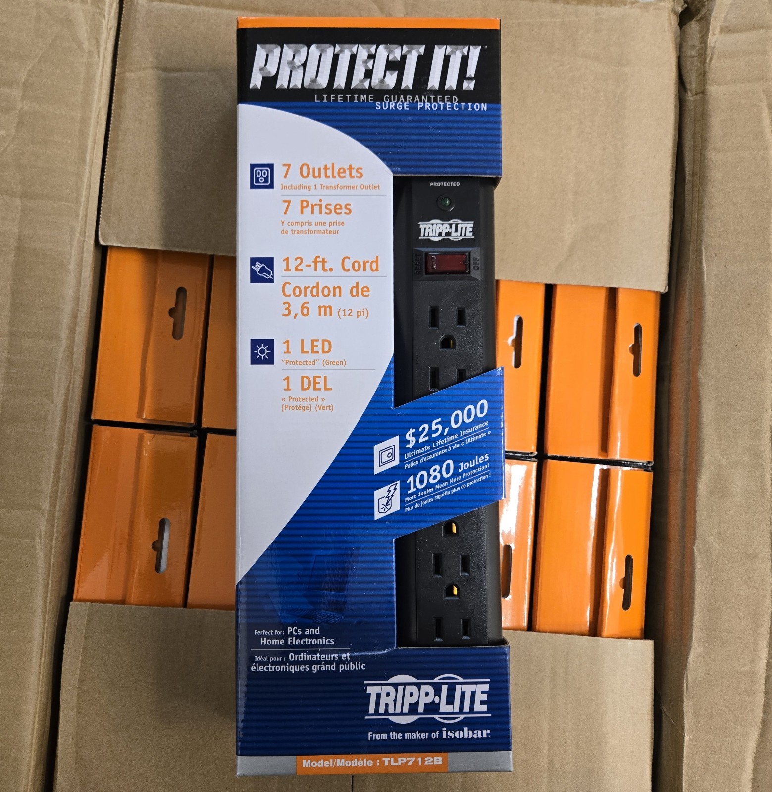 Tripp Lite 7-Outlet Surge Protector Power Strip 12ft Black. Quantity box of 20. 