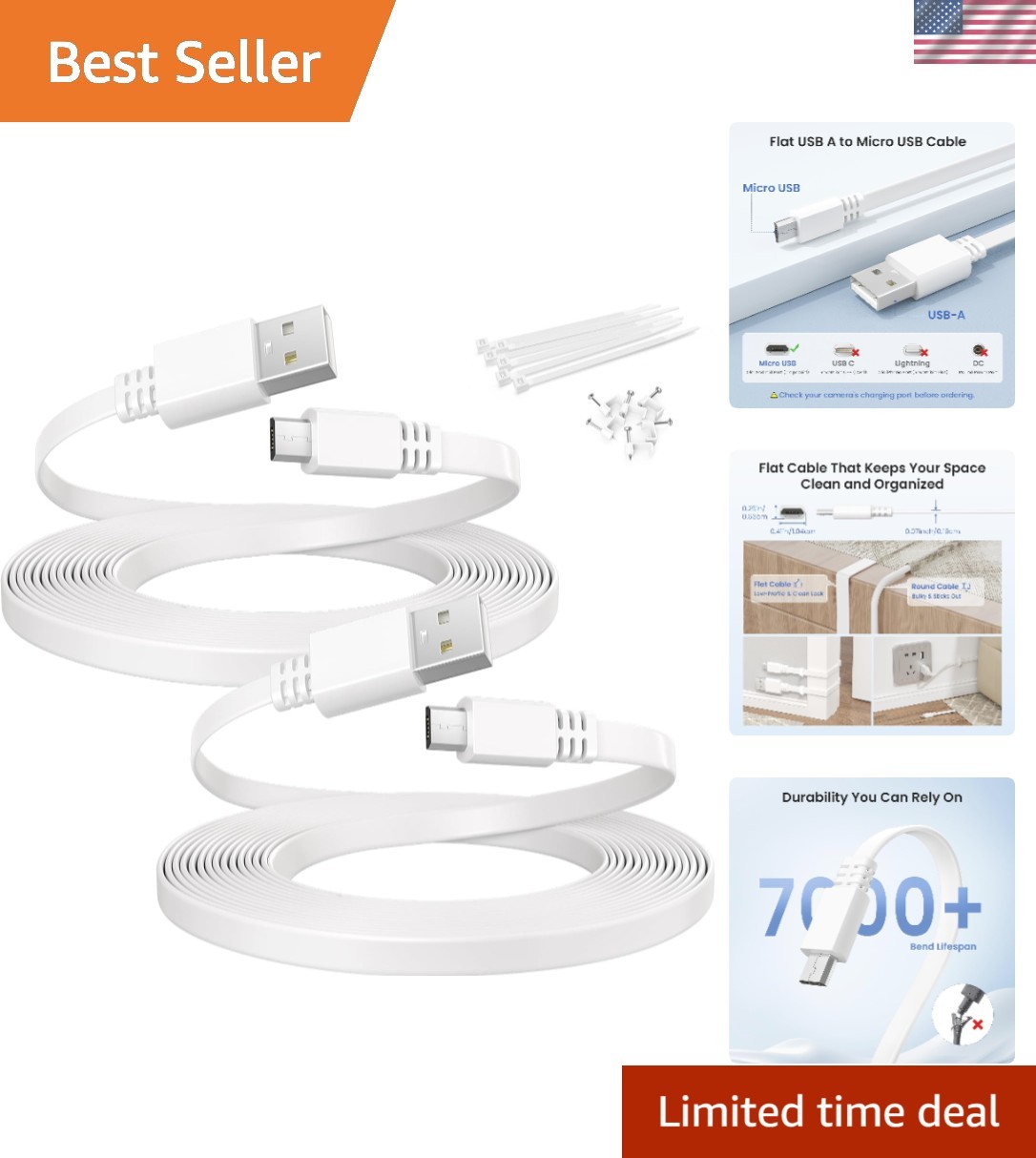 Neat 20FT Micro USB Extension Cable for Wireless Security Camera Setup - 2 Pack