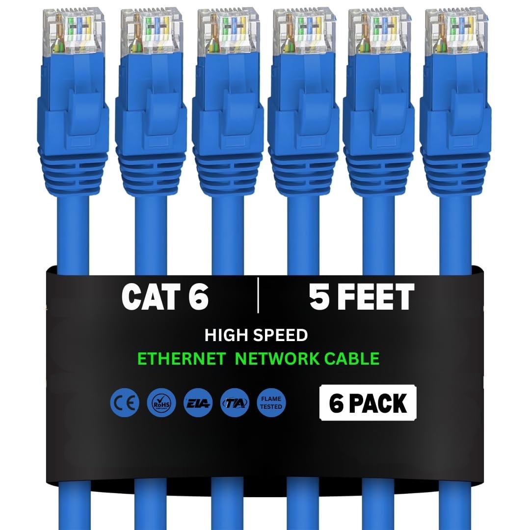 Cat6 UTP Network Cable, Pure Copper 23AWG, PVC Jacket, 10 Gbps (5 feet - 6 Pack)