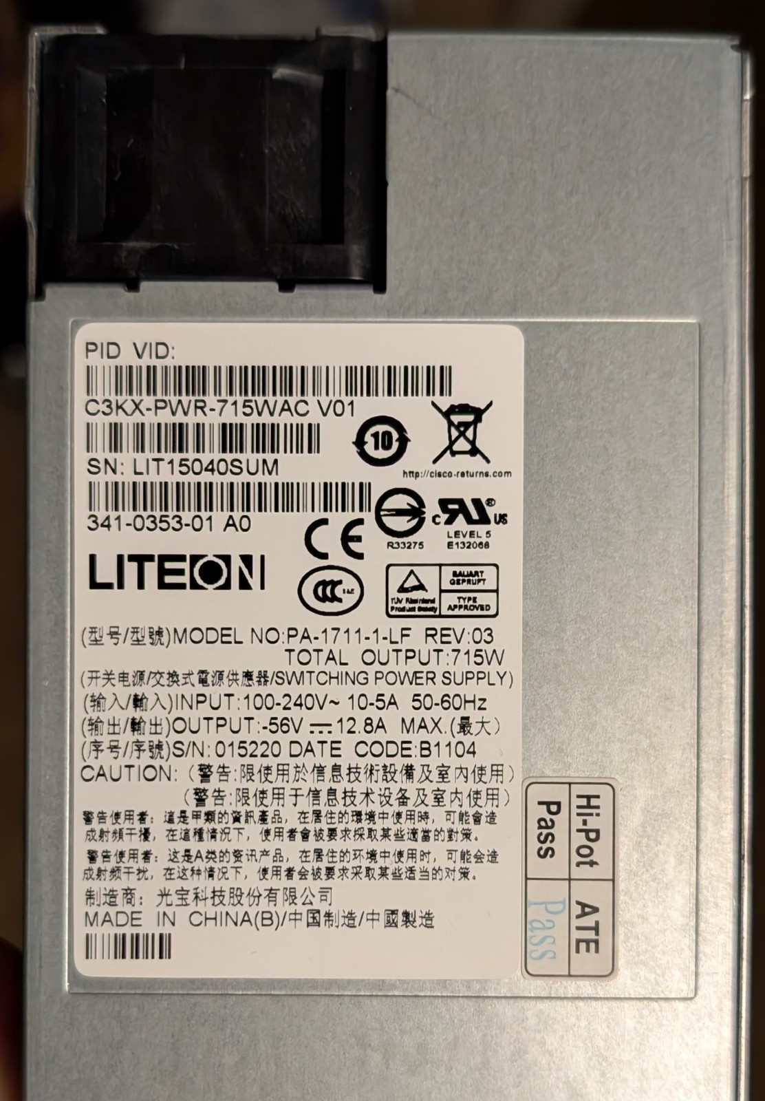GENUINE Cisco LITEON C3KX-PWR-715WAC 341-0353-01 Switching Power Supply