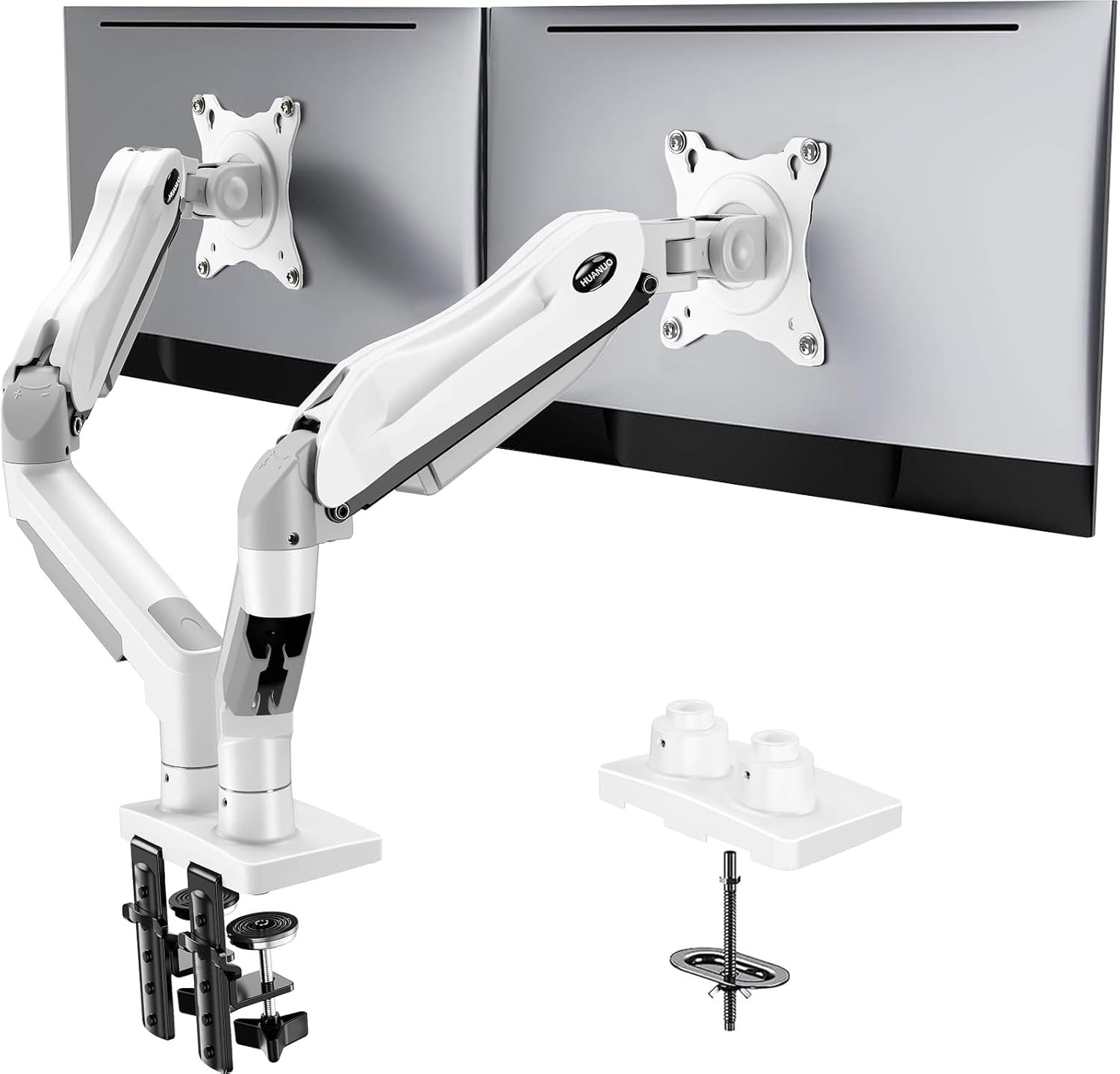 White Dual Monitor Stand for 13in-32in VESA Mount with Clamp/Grommet Adjustable
