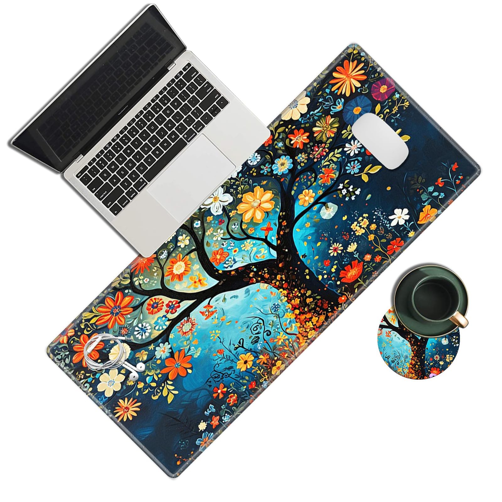 Large Gaming Pad, Floral Tree Desk Pad, Big Extended Keyboard Mat with Stitch...