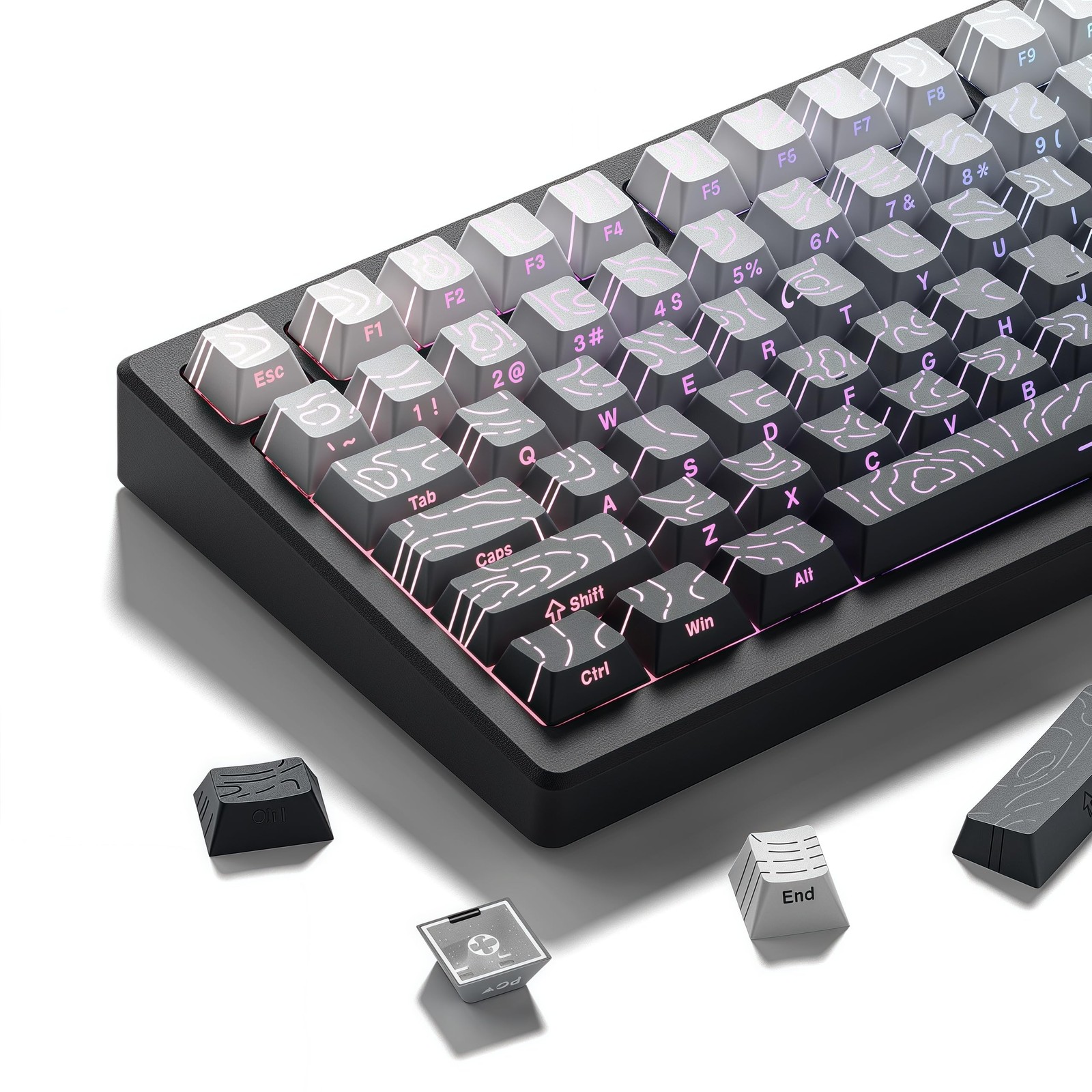 White/Grey Topographic Keycap Set Line Backlit Gradient Shine Through Cherry