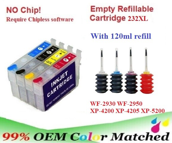 232XL  No Chip Refillable Cartridge for WF-2930  XP-4200 with 120ml refill ink