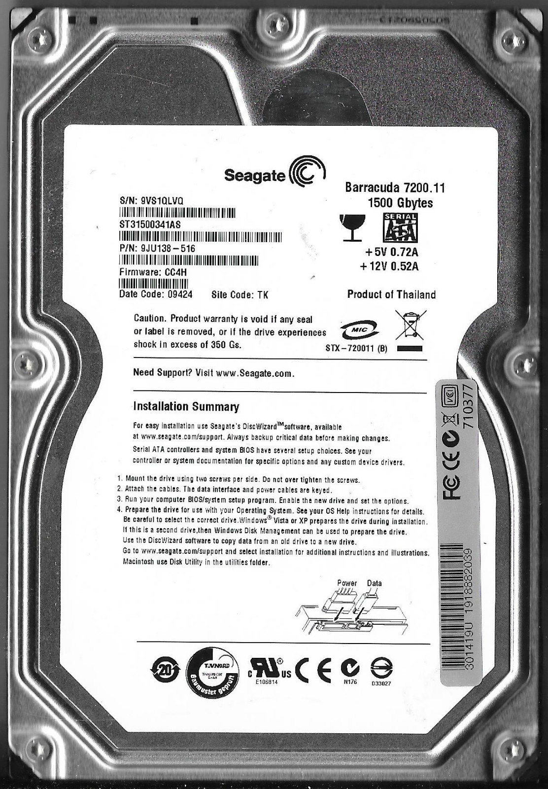 SEAGATE BARRACUDA ST31500341AS 1.5TB SATA HARD DRIVE P/N: 9JU138-516 FW:CC4H TK