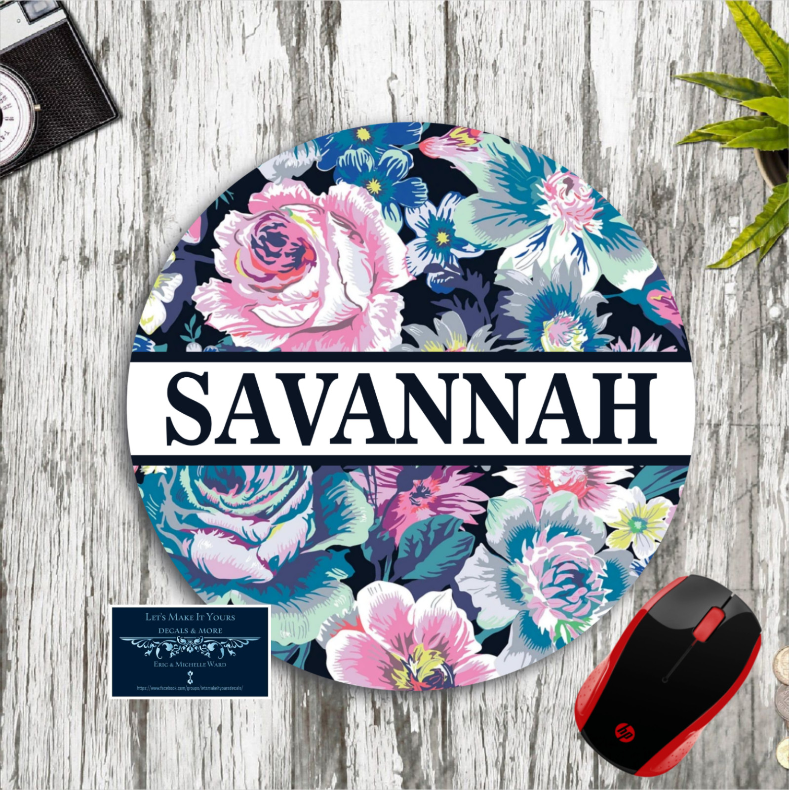 BLUE PINK FLORAL PATTERN MONOGRAM NAME CUSTOM 8" ROUND SCHOOL MOUSE PAD DESK MAT