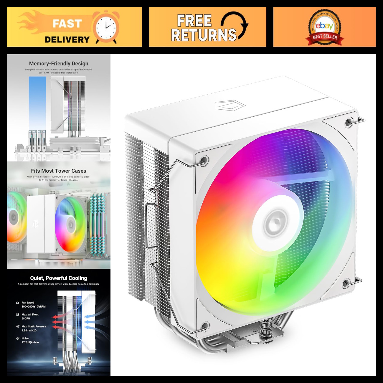 ARGB White CPU Air Cooler, 4 Heatpipes, Intel & AMD Compatible, Efficient Coolin