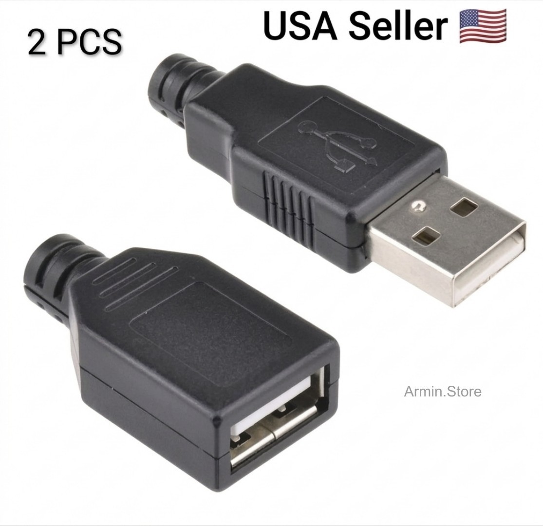 2 PCS USB 2.0 Type A Male Female USB 4 Pin Plug Socket Connector With Black Kits