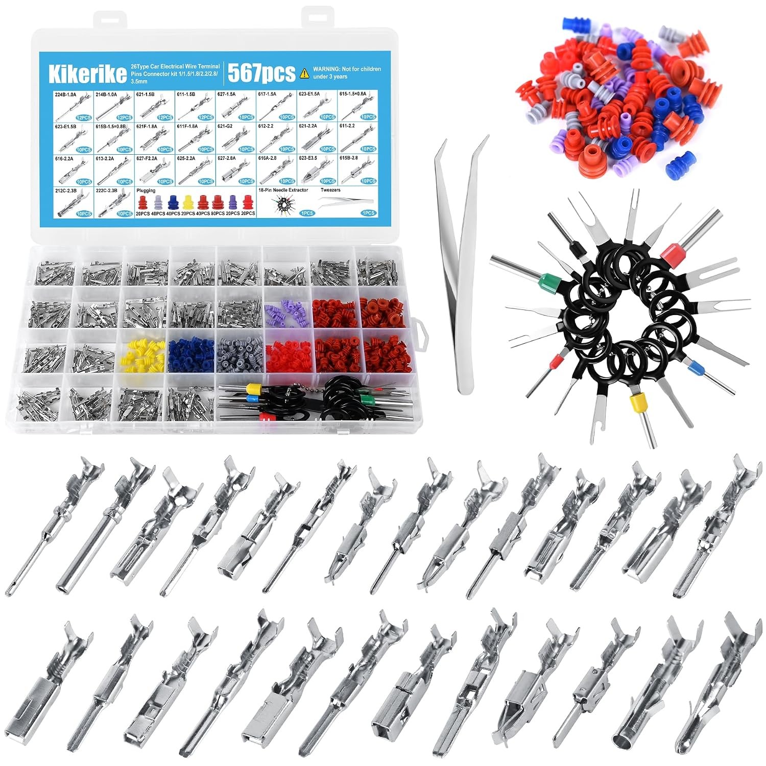 Automotive Electrical Terminal Pins Kit 567Pcs 26 Types 1/1.5/1.8/2.2/2.8/3.5mm