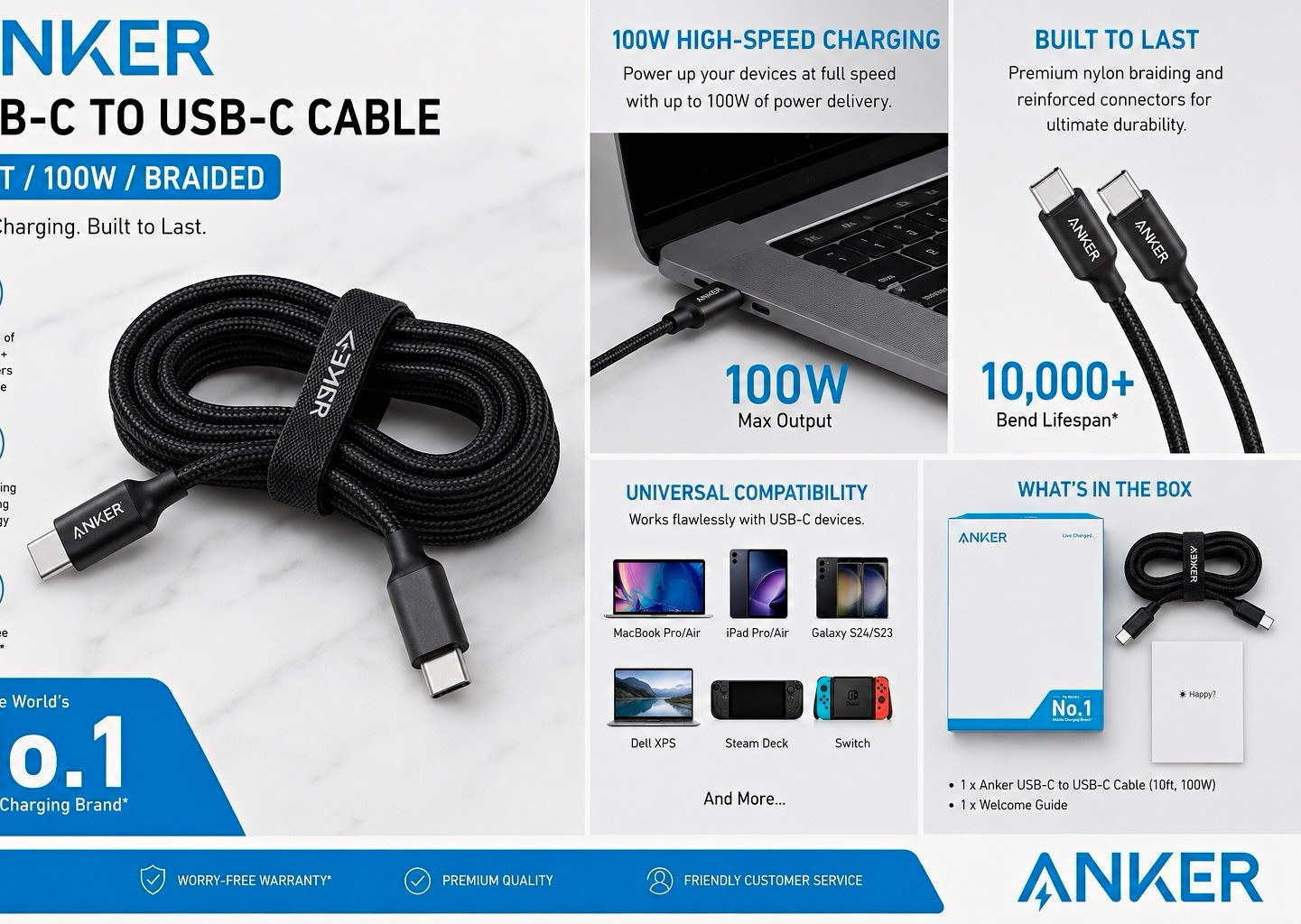 Anker USB-C to USB-C Cable 10 ft 100W Fast Charge Braided Black A8758