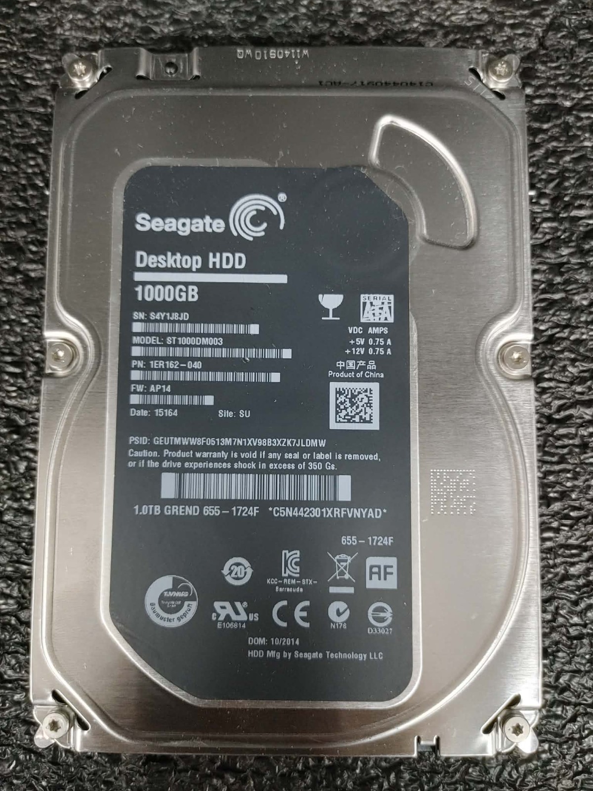 Seagate 1ER162-040 ST1000DM003 1TB 7.2K RPM 64MB FW AP14 DC 15164 SATA 3.5" HDD
