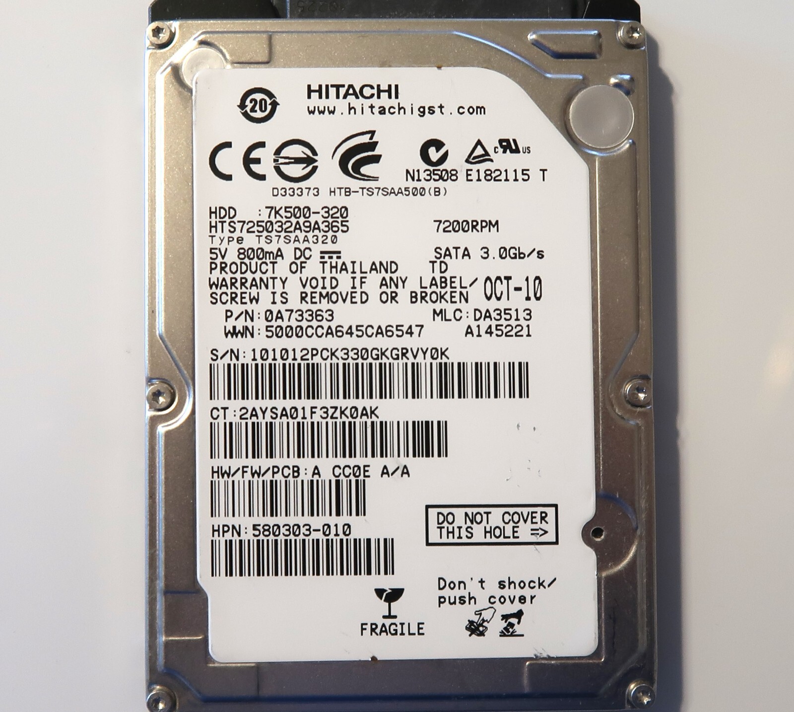 Hitachi HTS725032A9A365 PN: 0A73363 DA3513 Thailand 2.5" 320gb Sata HDD 2010