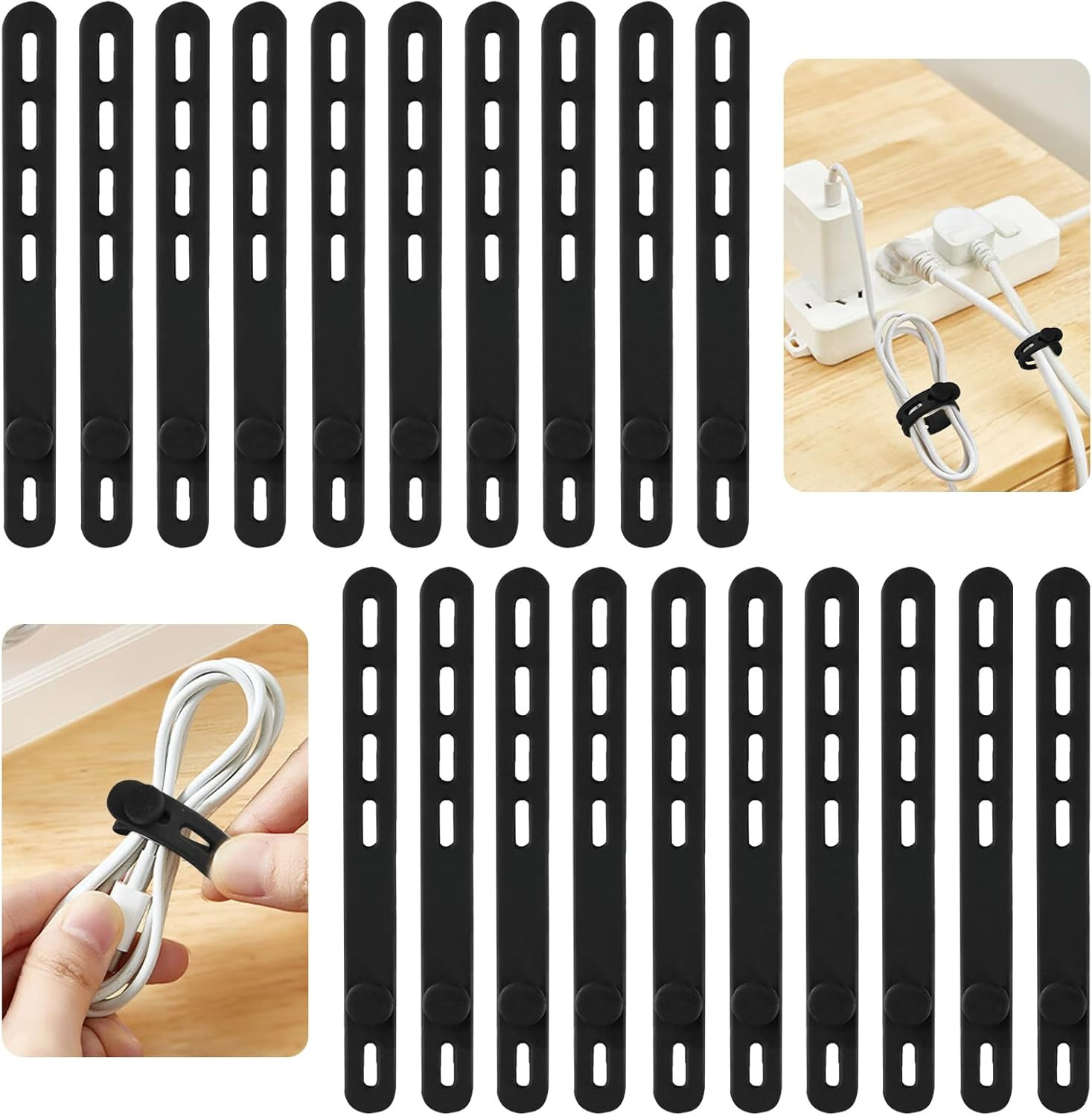 Paquete de 20 Organizadores de Cables de Silicona Reutilizables Color Negro