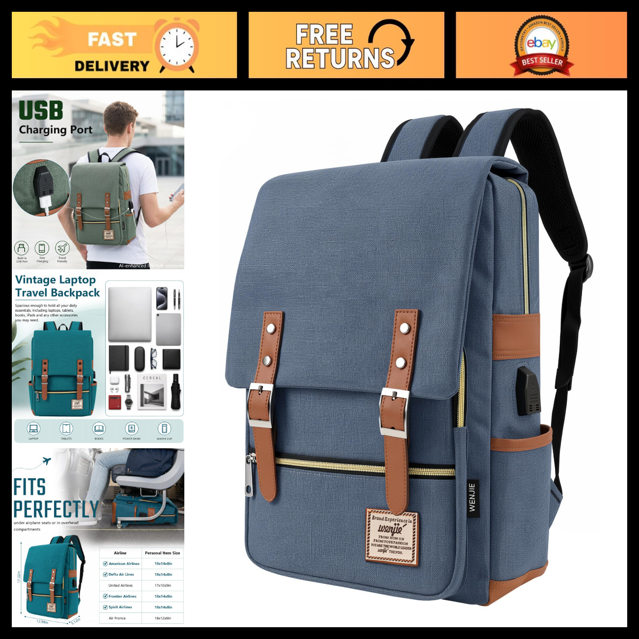 Stylish Vintage Laptop Backpack with USB Charging Port, Casual Rucksack for Trav