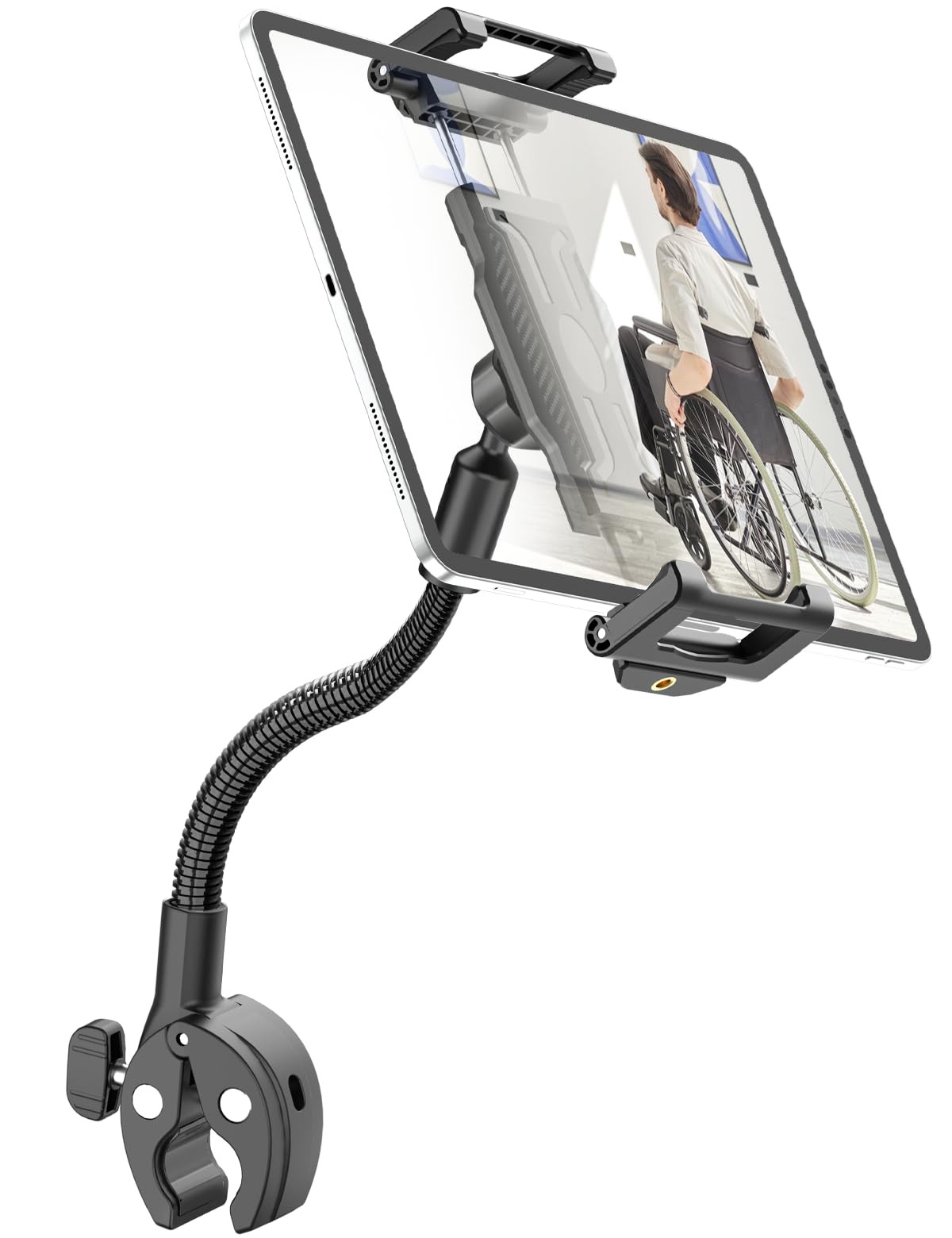 Gooseneck Wheelchair & Hospital Bed Tablet Mount, Fits 5.5–15.6" | Stable ant...