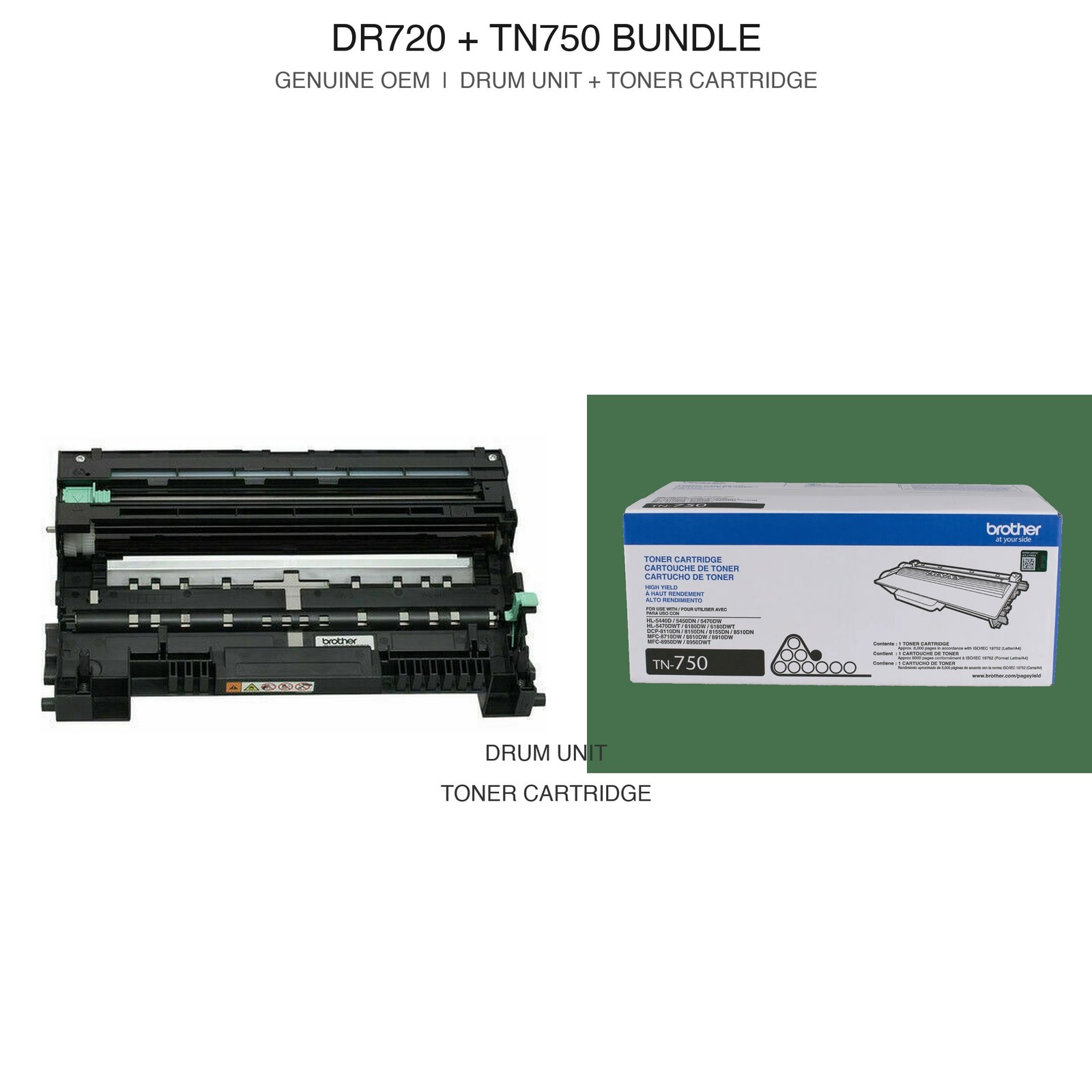 Brother DR720 Drum + TN750 High Yield Toner Genuine OEM Bundle HL-5470 New