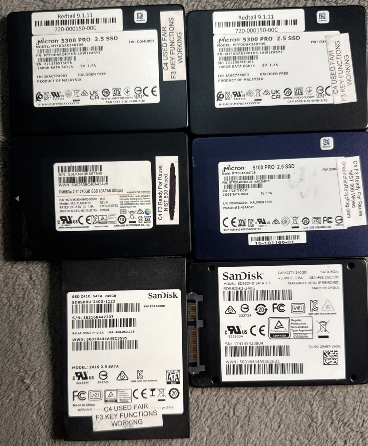 Lot of 6 Mixed Brands Micron MTFDDAK240TDS 5300 PRO 240GB 2.5" 6Gb/s SATA SSD