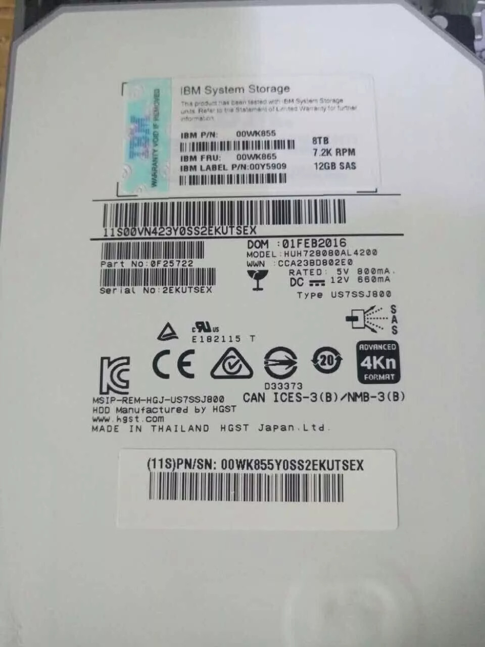 00WK855 00WK865 00Y5909 IBM 8TB SAS 3.5" 12Gb/s 7.2K V3700 NL LFF Hard Drive HDD