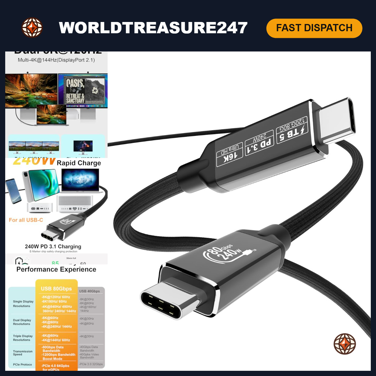 10Ft Thunderbolt 5 Cable, 120Gbps, USB4 2.0, 240W PD3.1, 16K/8K Support, Mac & e