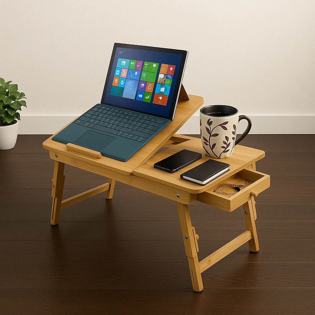 Bamboo Folding Lap Desk 21x13 Adjustable Laptop Bed Tray Table Stand with Drawer