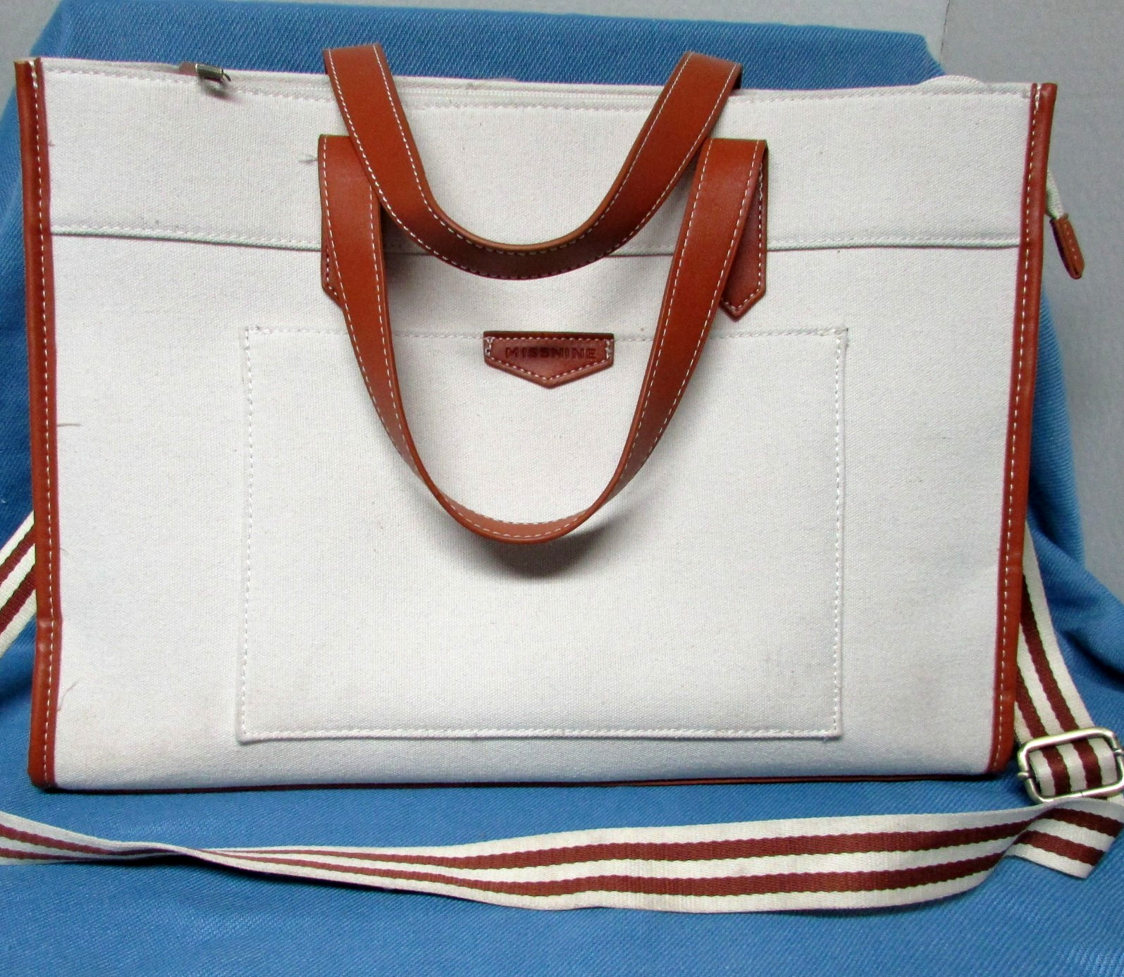 Missnine Canvas Laptop Tote / Shoulder Bag Cream & Brown Zipped Top 16 X 12