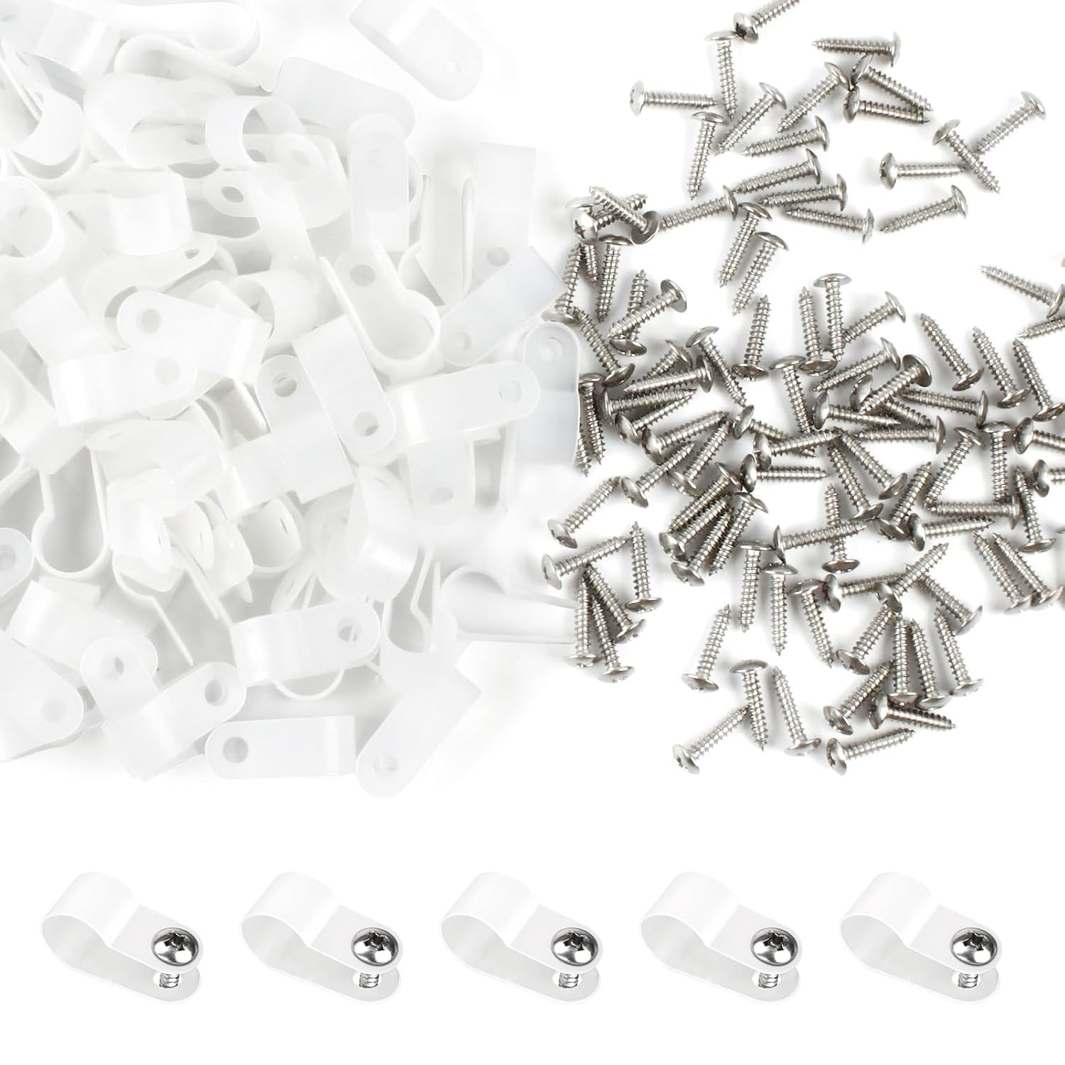 120Pcs 5/16" White R-Type Cable Clips with Screws, Nylon Plastic Wire Clips for