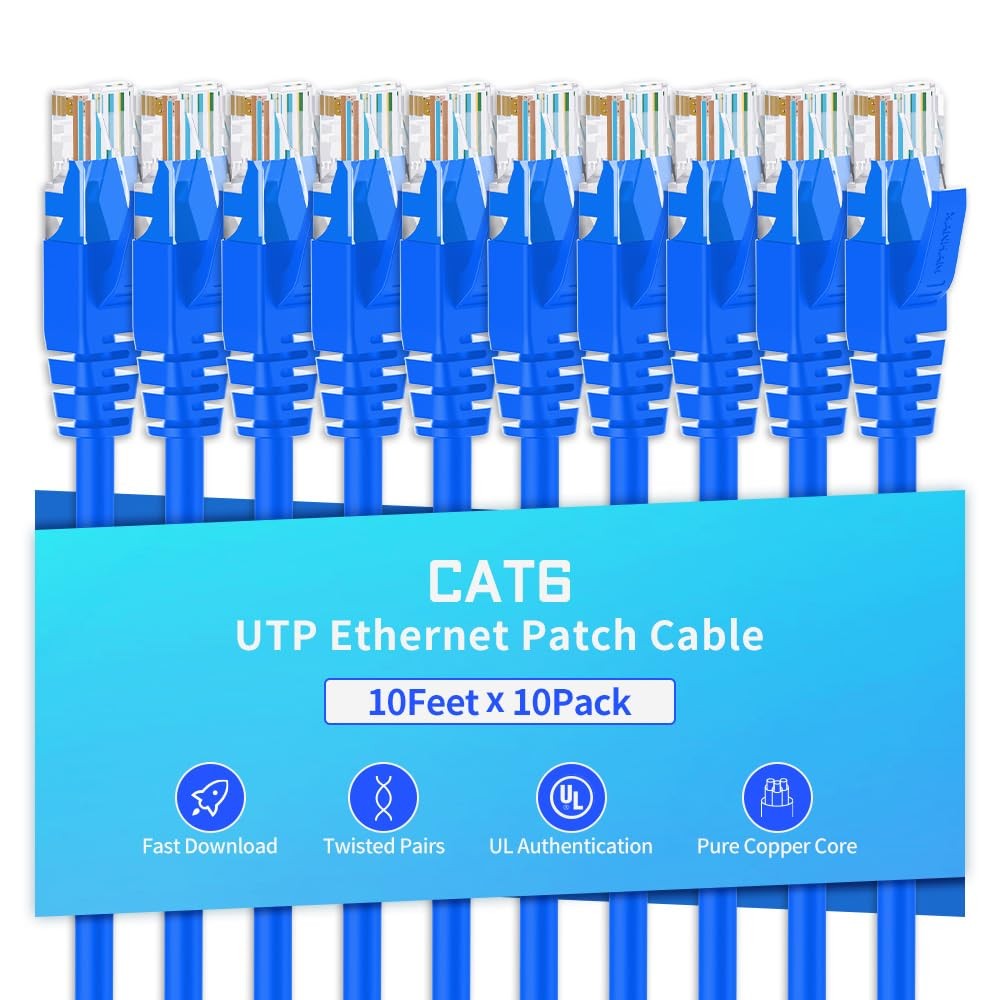 10 PCS 10 Feet Cat6 Ethernet Cable Network RJ45 Internet Patch Unshielded