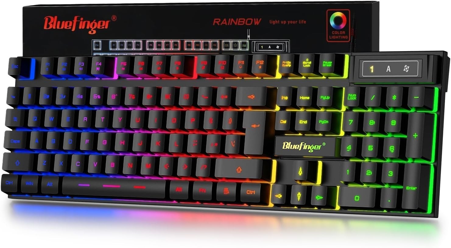 BlueFinger Gaming Keyboard USB Wired Full Size Keyboards, Rainbow Backlit Light