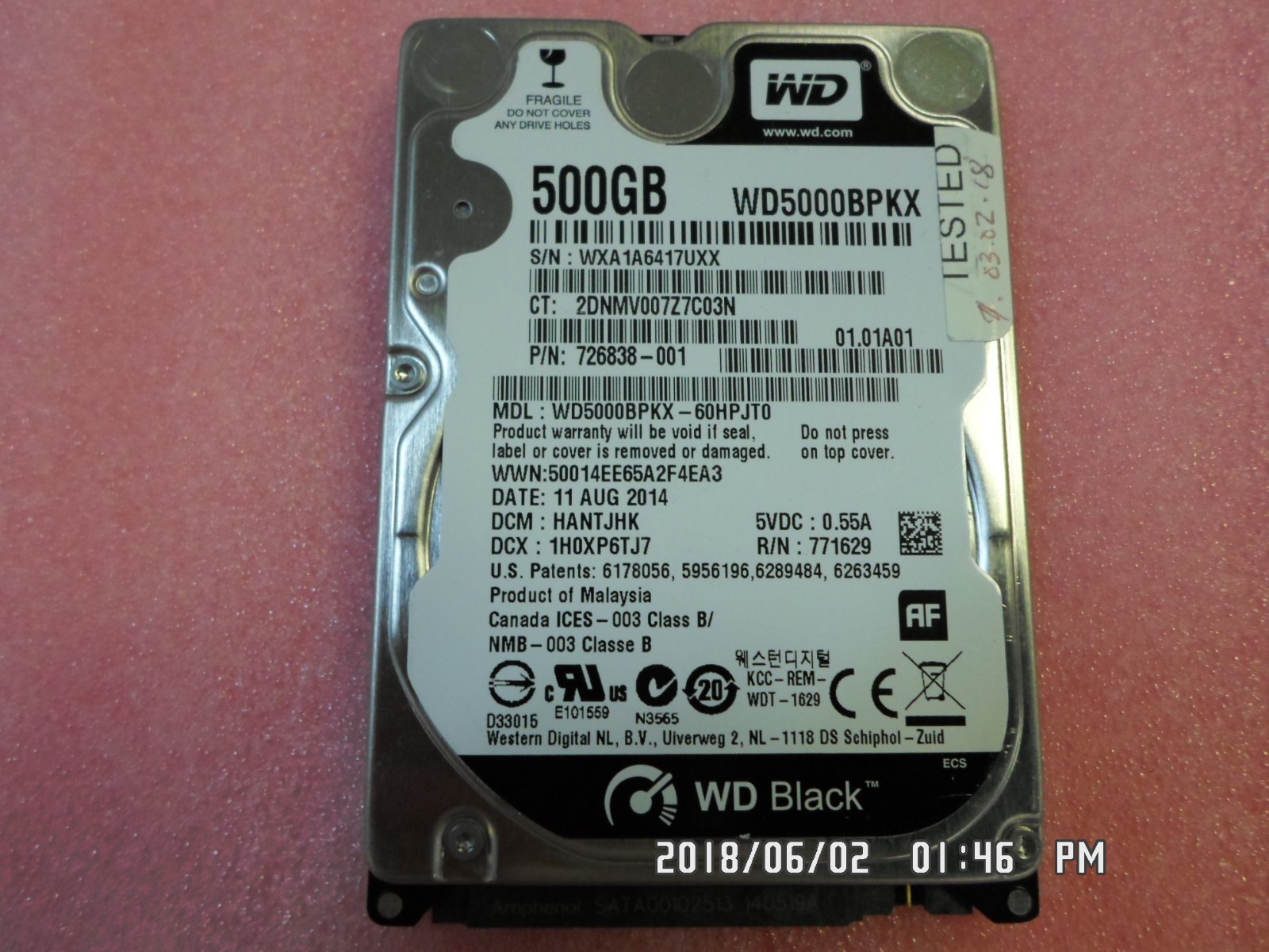 Western Digital WD5000BPKX-60HPJT0, 726838-001 HARD DRIVE 500GB SATA 2.5 TESTED