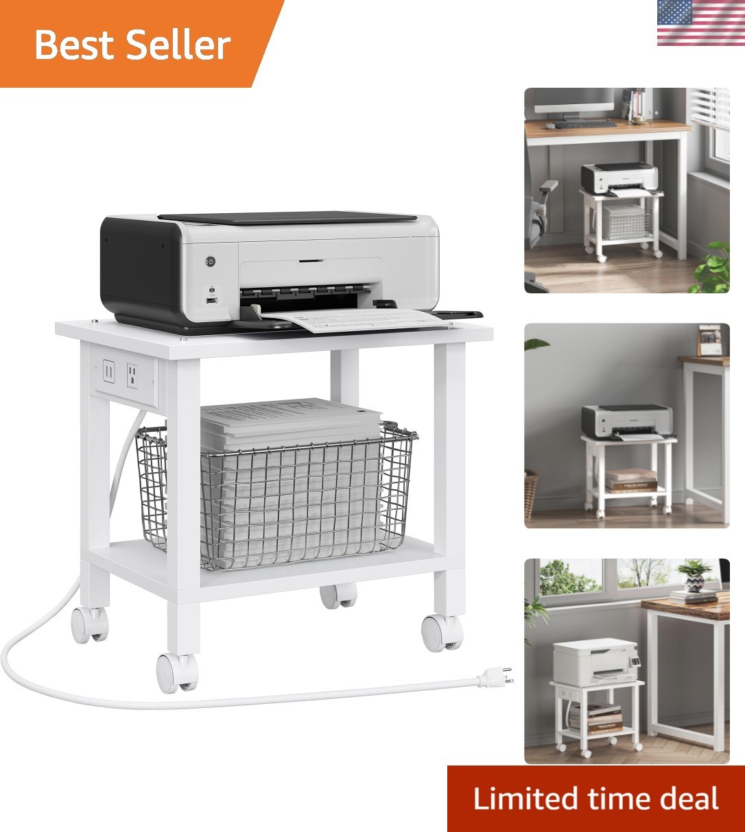 2 Tier Printer Stand, Rolling Printer Cart with Power Outlets and USB Ports, ...