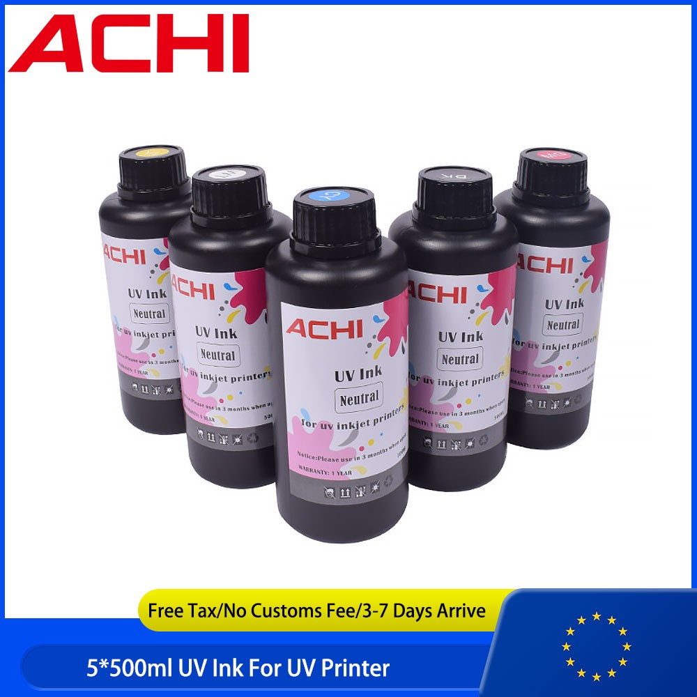 EU Ship ACHI 500ml UV INK For A3 A4 A5 UV Printer 5 Colors CMYKW Neutral Ink