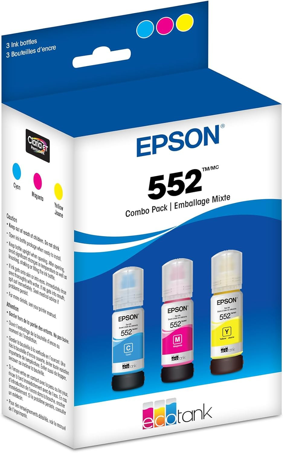 552 Ecotank Ink Ultra-High Capacity Bottle Three Color CMY Combo Pack (T552620-S