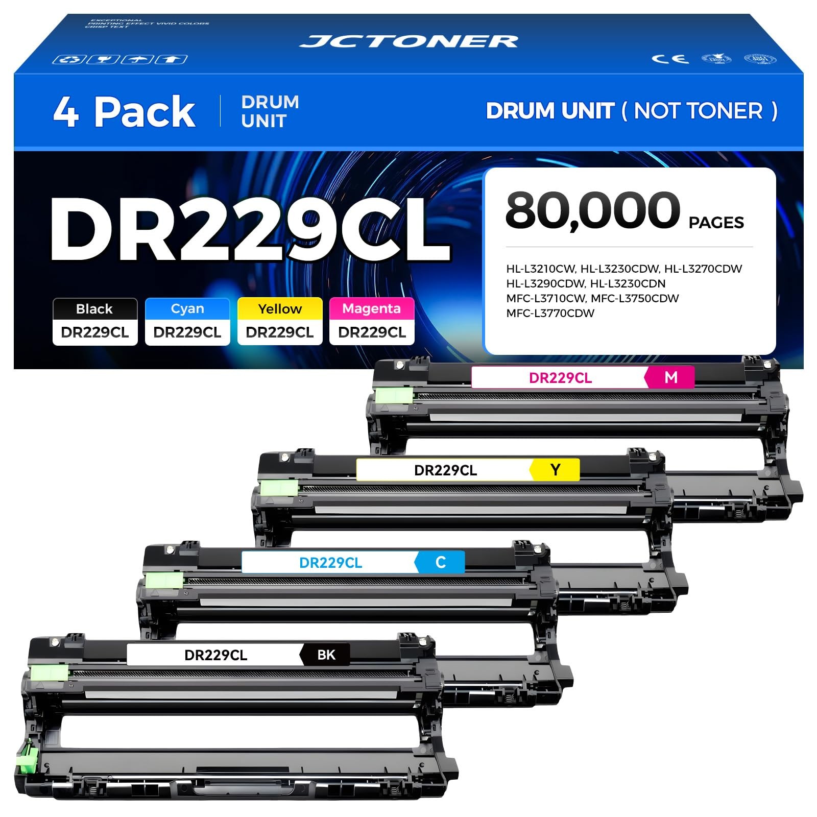 JCTONER DR-229CL 4-Pack Drum for Brother MFC-L3720CDW MFC-L3780CDW HL-L3220CDW