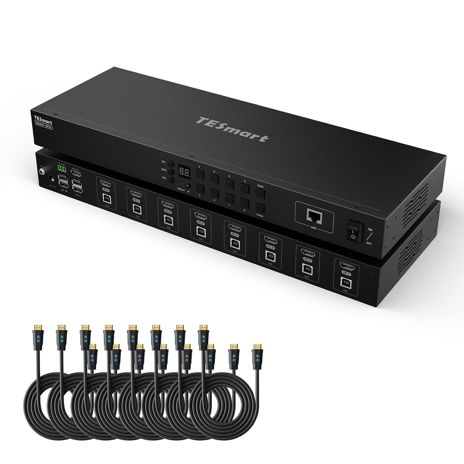 TESmart 8-Port HDMI KVM Switch 4K 30Hz USB 2.0 Rackmount 8 Cables RS232