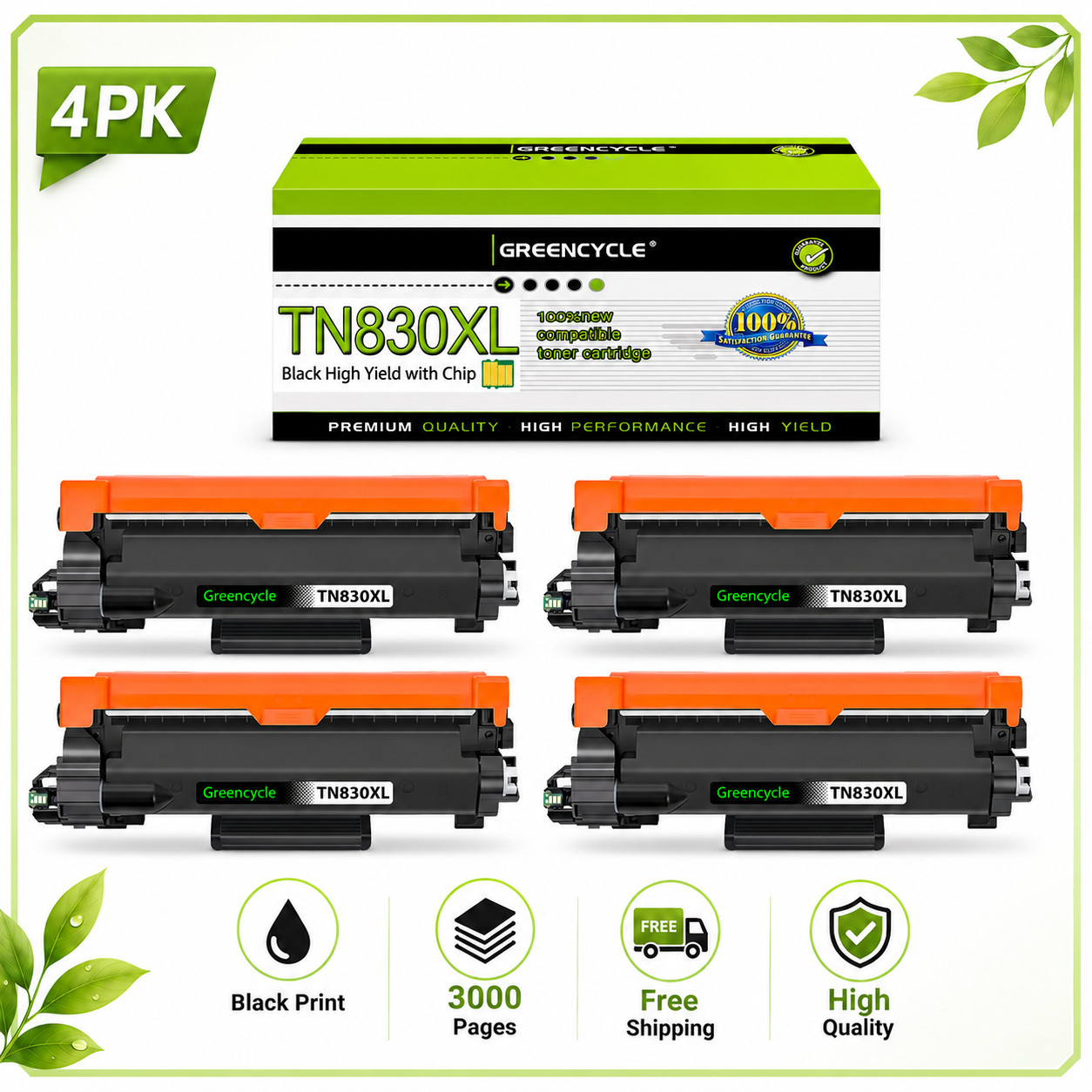 4PK TN830XL Black Printer Toner for Brother HL-L2460DW DCP-L2640DW MFC-L2820DW