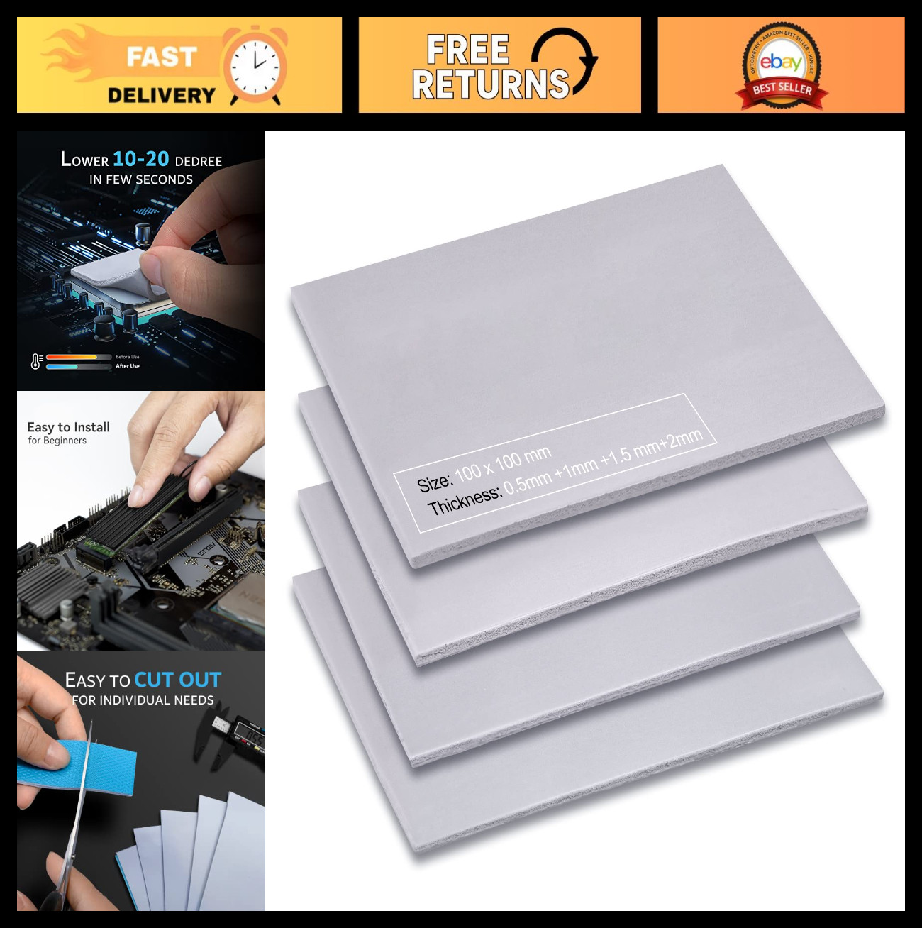 4 Pack Thermal Pads 13 W/m.K, 100x100mm, Silicone Cooling Non-Conductive for PC,