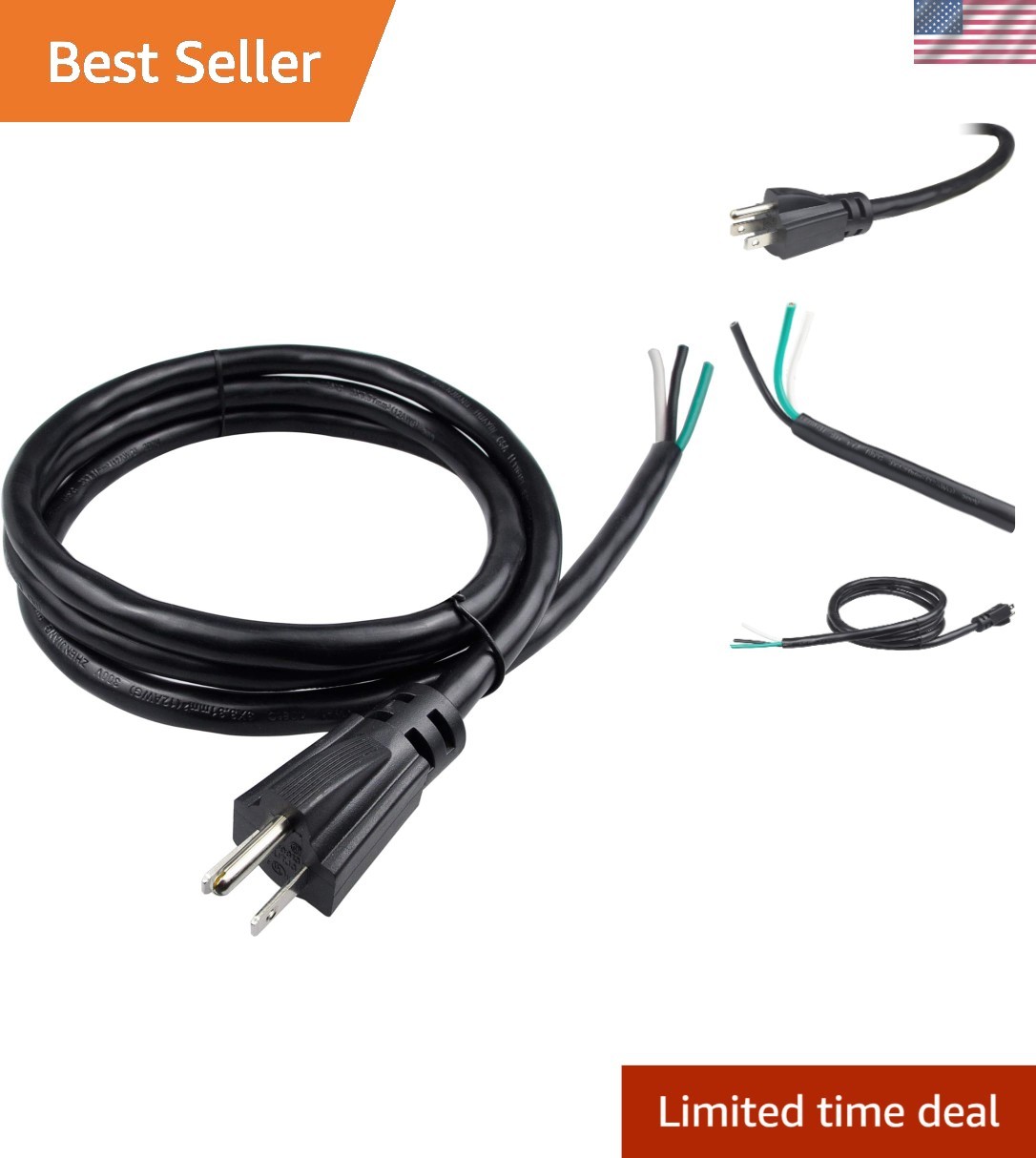 Versatile 10ft 12AWG 3-Prong Pigtail Power Supply Cord for 110V-120V Appliances