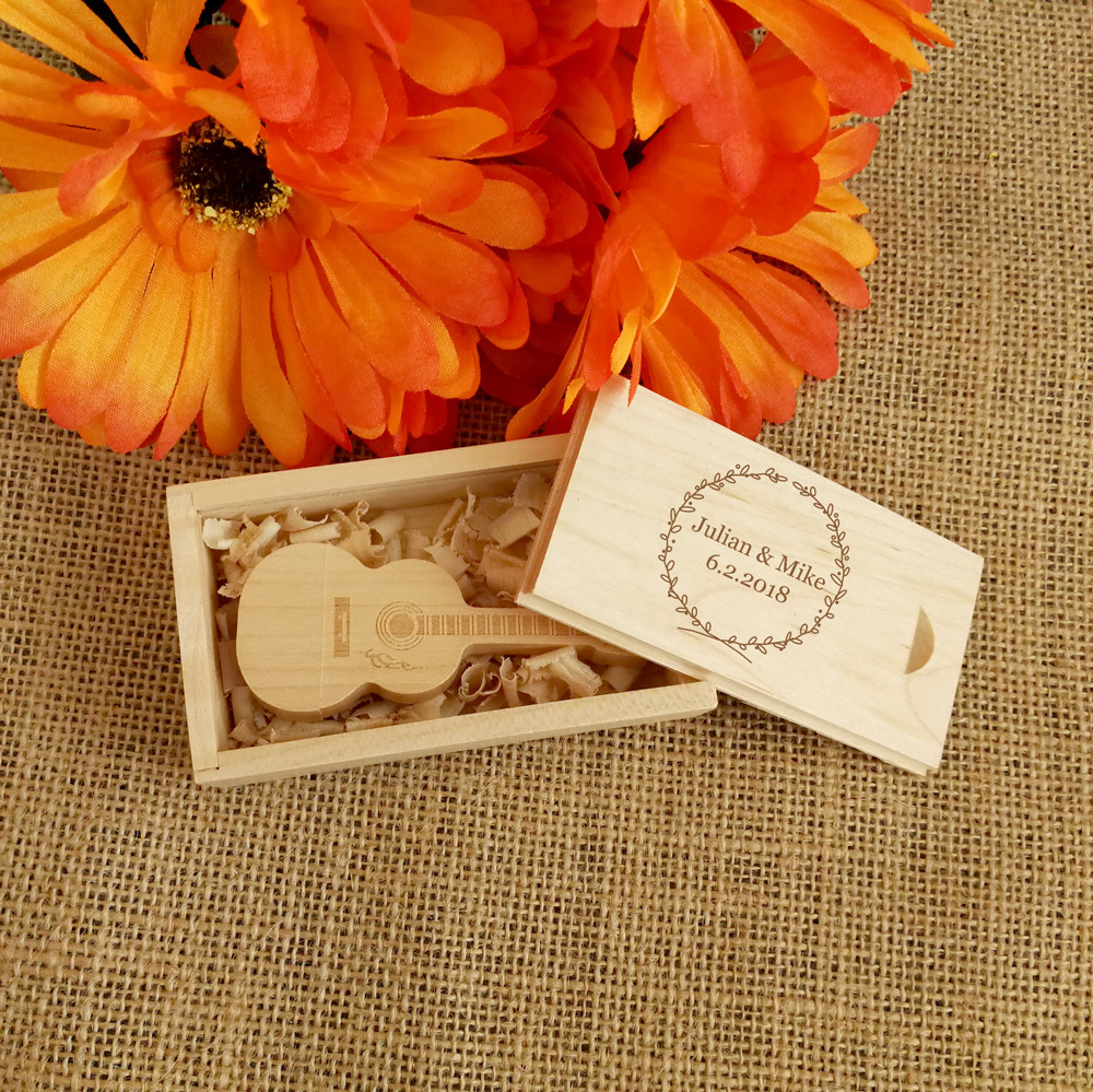 Personalized Wooden USB Flash Drive and Box, Wedding USB, Guitar Style