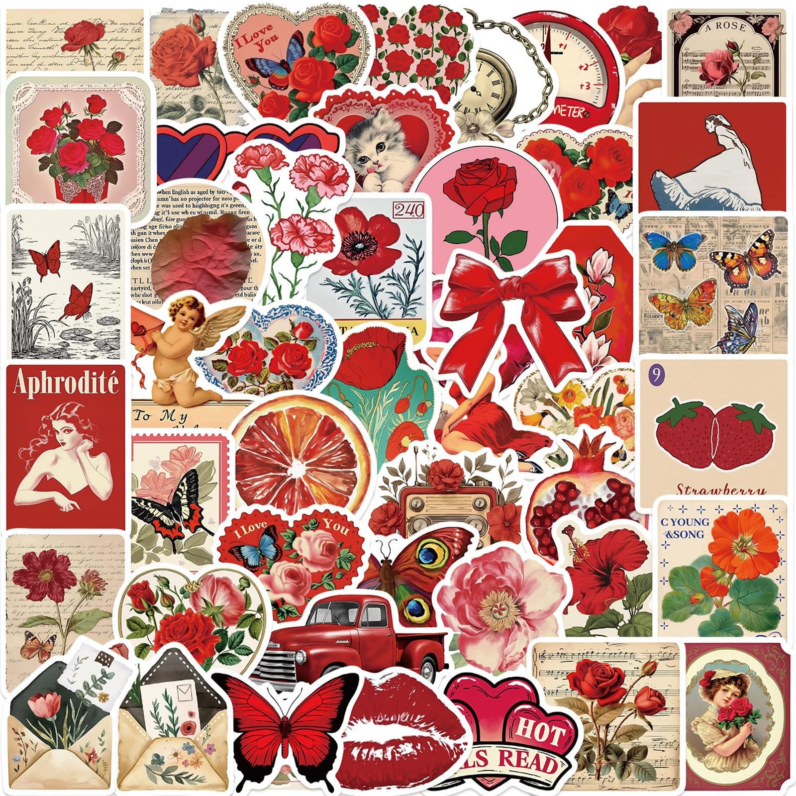 50Pcs Vintage Red Aesthetic Stickers, Cute Retro 1.18-3.5 inch,