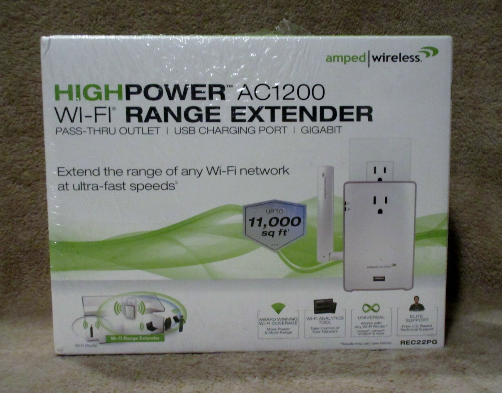 New Amped Wireless High Power Range Extender with AC Pass-Thru REC22PG 